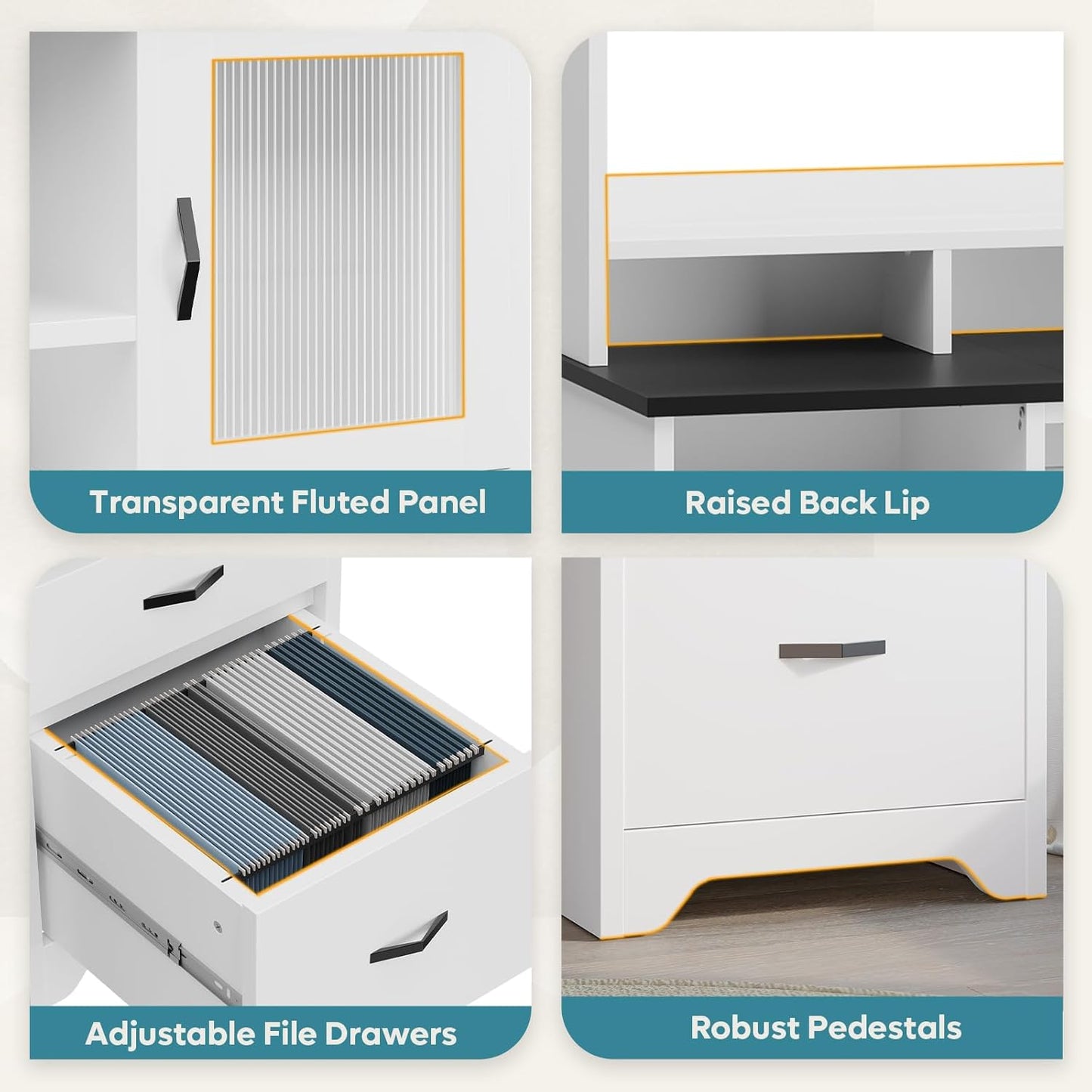 Bestier 77.8" H Executive Desk with Hutch, Modern Wood Computer Desk with Drawers, Charging Station, LED Light, Fluted Storage Cabinet, Keyboard Tray, 59" W Office Desk for Home Office, White