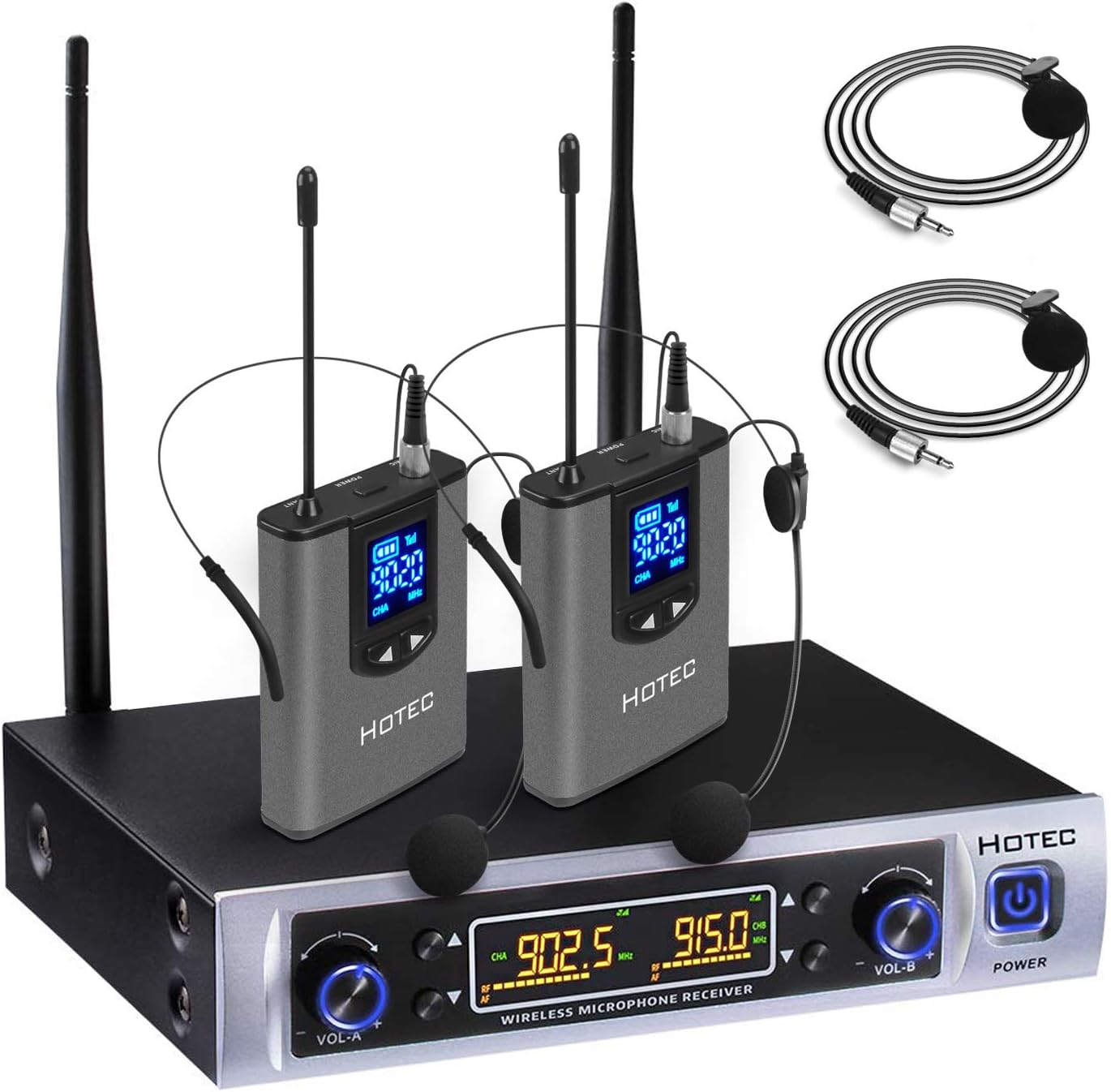 HOTEC UHF Wireless Microphone System with Dual Lapel/Lavalier and Headset Microphones Over PA, Mixer, Speaker, Karaoke Machine for Church, Training, Classroom, Interview (H-K25)