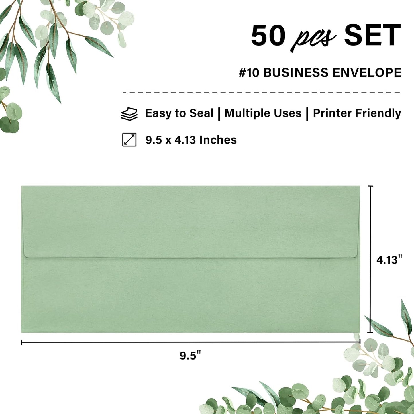 50 Pack #10 Business Envelopes, Self Seal Standard Sage Green Envelopes for Secure Business & Legal Mailing, Office, Checks, Letter, Invoices, 4 1/8 x 9 1/2 Inches