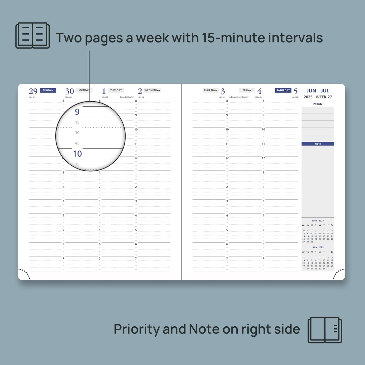 POPRUN Weekly Planner 2025-2026, 7.25'' x 8.5'', 15-Minute Hourly Appointment Book (July 2025-June 2026) with PU Leather Softcover, Monthly Tabs, Inner Pocket - Forest Green