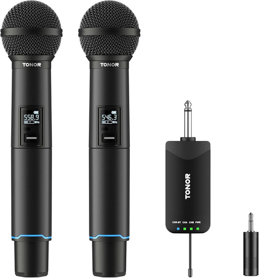 TONOR Rechargeable Wireless Microphones, Metal Bluetooth Handheld Cordless Mic System with Receiver, 2x25 UHF Professional Dynamic Mic for Karaoke, Church, Singing, Wedding, Meeting, DJ, 328ft TW720