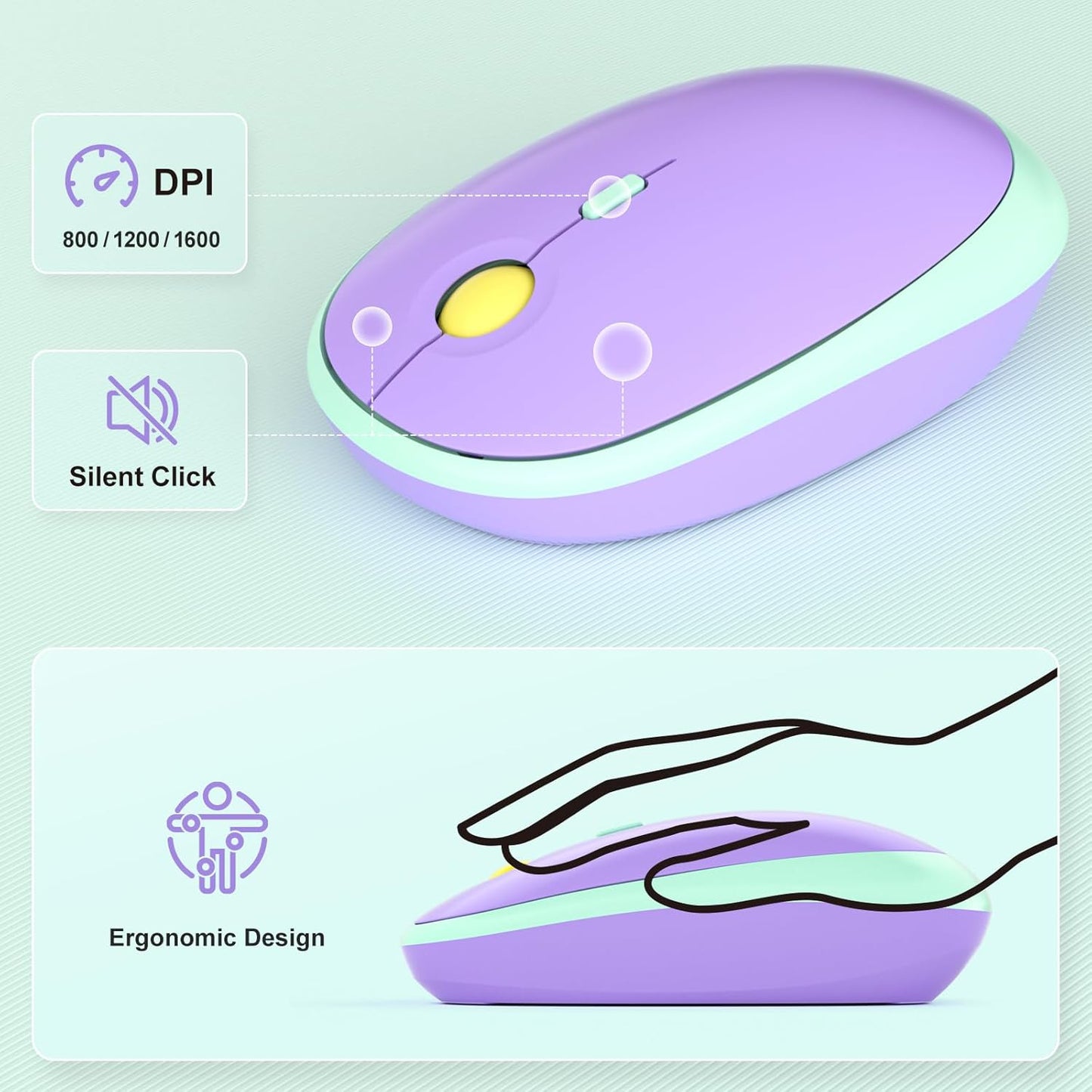 Wireless Keyboard and Mouse Combo, MOWUX Full Size Typewriter Retro Round Computer Keyboard, Cute Optical Mouse Wireless, Plug and Play, for Laptop, PC, Computer- Daydream Mint