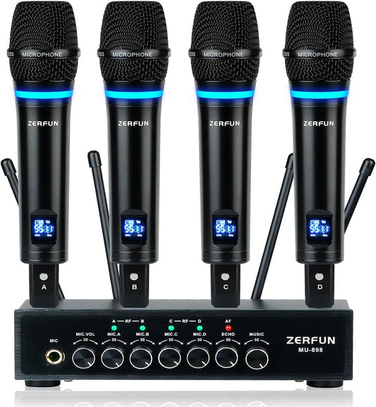 Rechargeable Wireless Microphone System 4 Channel Pro, UHF Metal Handheld Wireless Mics Cordless for Church Karaoke Singing with Bluetooth Echo Volume Control, 4x50 Frequency(MU-898)