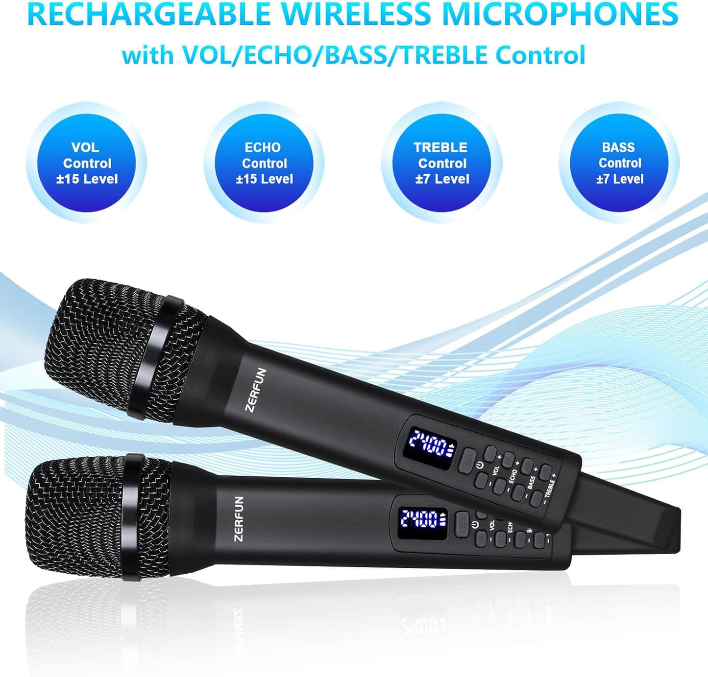 4 Rechargeable Wireless Microphones, Pro Handheld Cordless Mics System with Echo Treble BASS VOL Control for Karaoke Singing Church Party, 1/4'' Output, Black