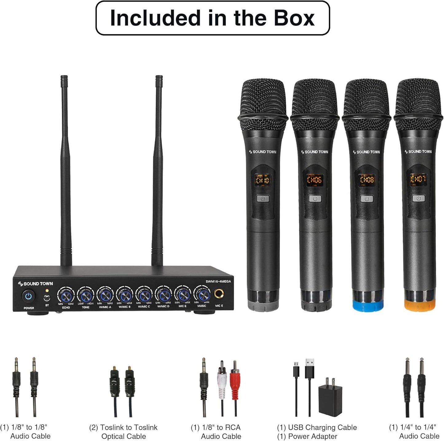 Sound Town 200 Channels Wireless Microphone Karaoke Mixer System, with 4 Metal Handheld Microphones, Optical (Toslink), AUX, for Smart TV, Home Theater, Sound Bar (SWM16-4MEGA)