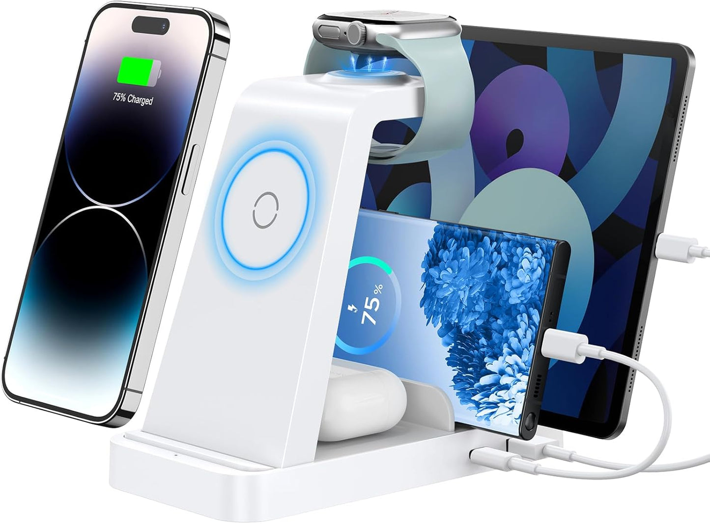 Wireless Charger for iPhone - 5 in 1 Charging Station for Multiple Devices Apple: Fast Wireless Charging Stand Dock for iPhone 17 16e 16 15 14 13 12 Pro Max Apple Watch Airpods(White)