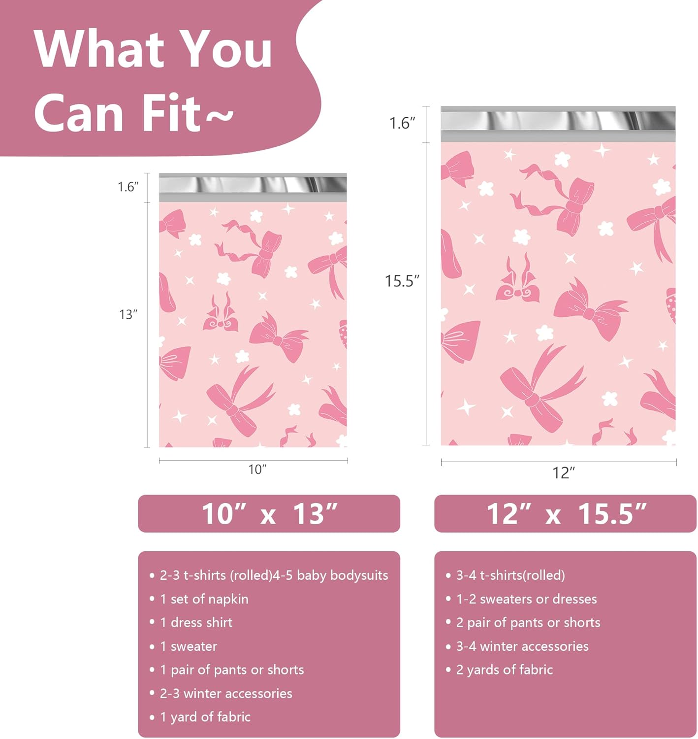 Poly Mailers 10x13 Inch 100 Pcs - Pink Bow printed Shipping Bags, 2.4mil Thickness, Waterproof and Tear Resistant Mailing Envelopes, Self-Sealing Packaging Bags for Small Business