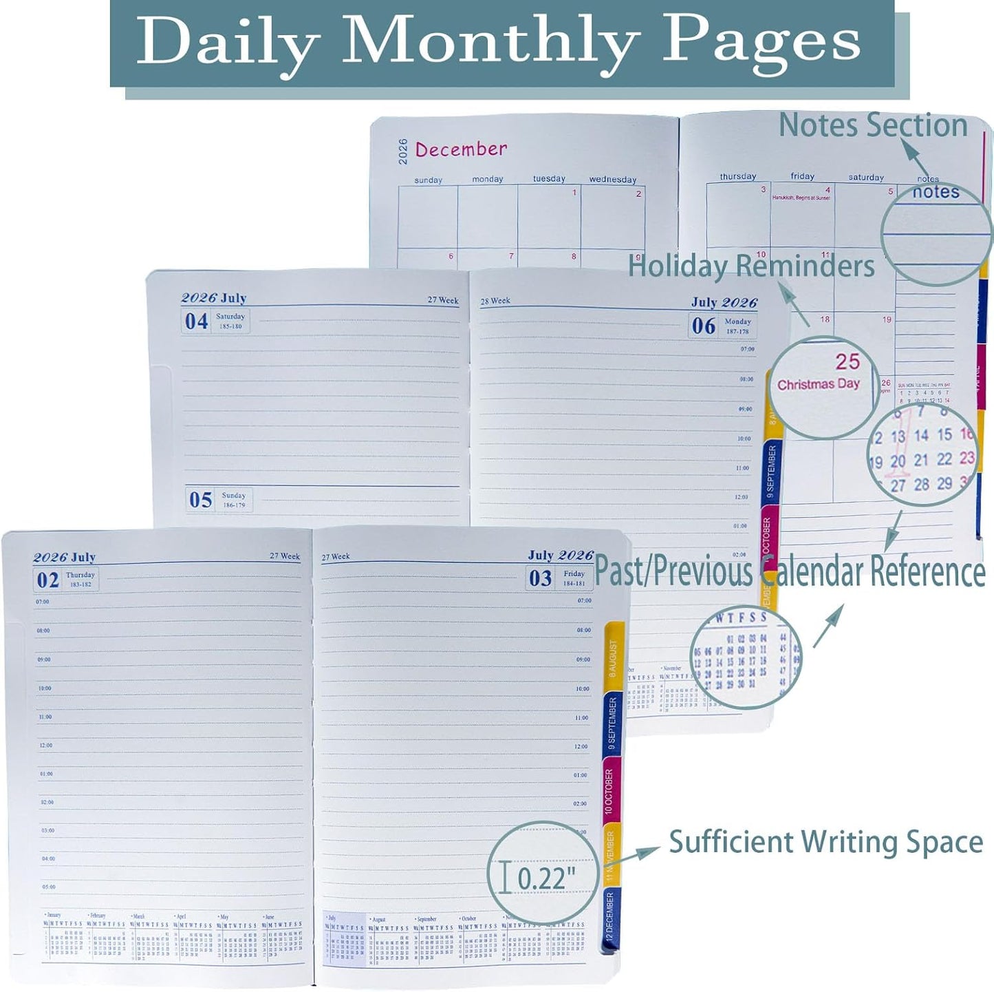 2026 Daily Monthly Planner - Calendar, January - December 2026, 100GSM Thick Paper, Leather Cover, Planner with Hourly Schedule,6.1" x 8.2", Daily Inside Page - Monthly Inside Page, Pen Holder, Bookmarks (Light blue)