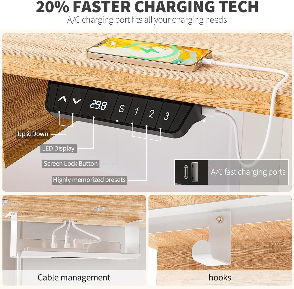 Standing Desk with Fast Charging USB Ports, 48" x 30" Height Adjustable Home Office & Gaming Desk, Sit Stand Desk with Built-in Storage Shelf, Hook & Ergonomic Design(Maple)