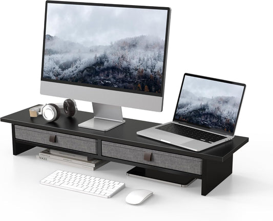 Fenge Monitor Stand with Drawer, 2 Tiers Dual Monitor Riser for Desk, 35 Inch Computer Stand for 2 Monitors, Desk Shelf for Home, Office, Laptop, PC, TV, Printer