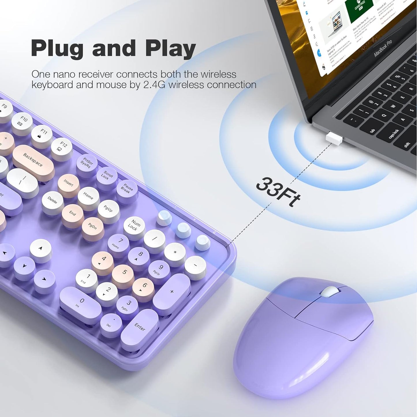 Wireless Keyboard and Mouse Combo, MOWUX Colorful Computer Full Size 2.4G Plug and Play Wireless Typewriter Keyboard and Mouse Set for Windows, Computer, Desktop, PC, Notebook (Purple Colorful)