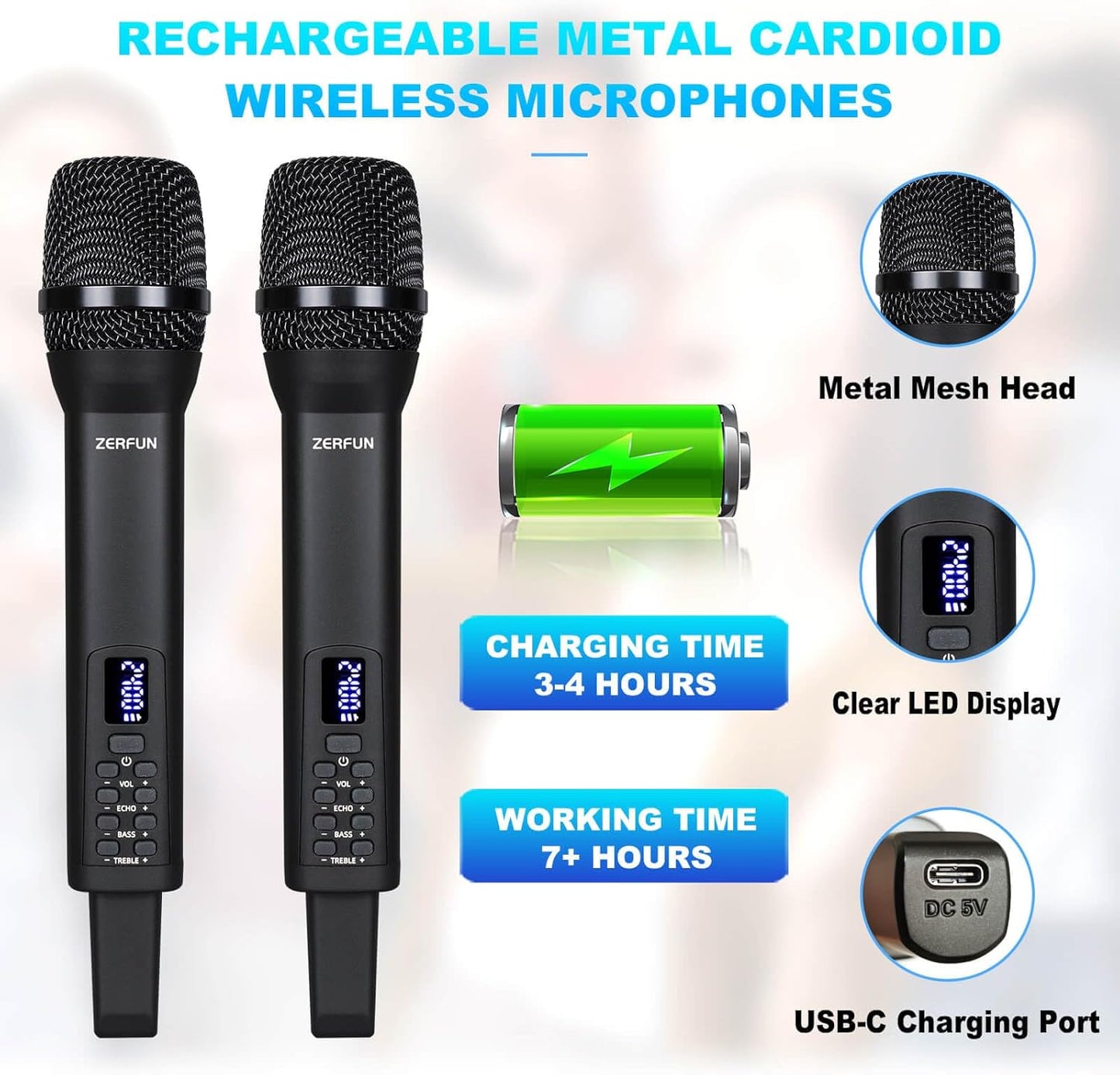 Rechargeable Wireless Microphones Dual, Pro Handheld Cordless Mics System Dynamic with Echo Treble BASS VOL Control for Karaoke Singing Church Party, 1/4'' Output, D240, Black