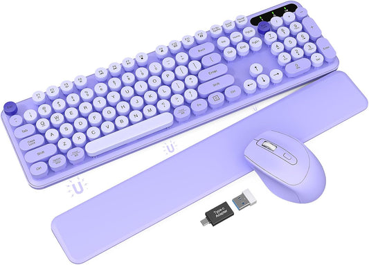 Wireless Keyboard and Mouse Combo - Cute Typewriter Keyboard with Detachable Wrist Rest, Retro Round Keycaps, Foldable Legs, 2.4GHz Full-Size Keyboard for PC, Laptop, Mac, Windows - Trueque (Purple)