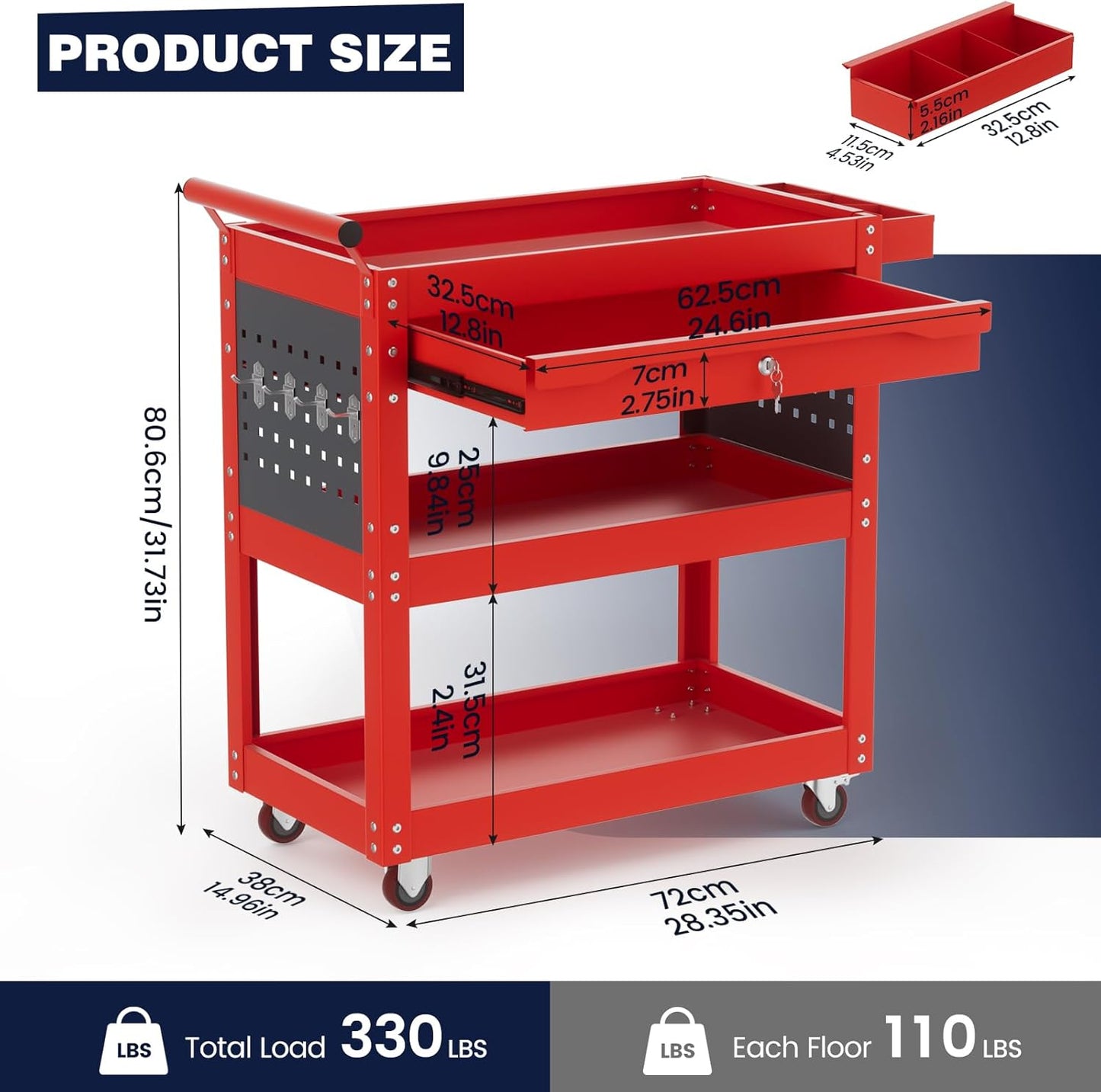 ALANNG 330 LBS Rolling Tool Cart with 1 Drawer & 3 Shelves | Heavy Duty Mechanic Cart Includes 7 Hooks, 2 Pegboards & Screw Organizer | Metal Service Cart for Garage Workshop (Red)