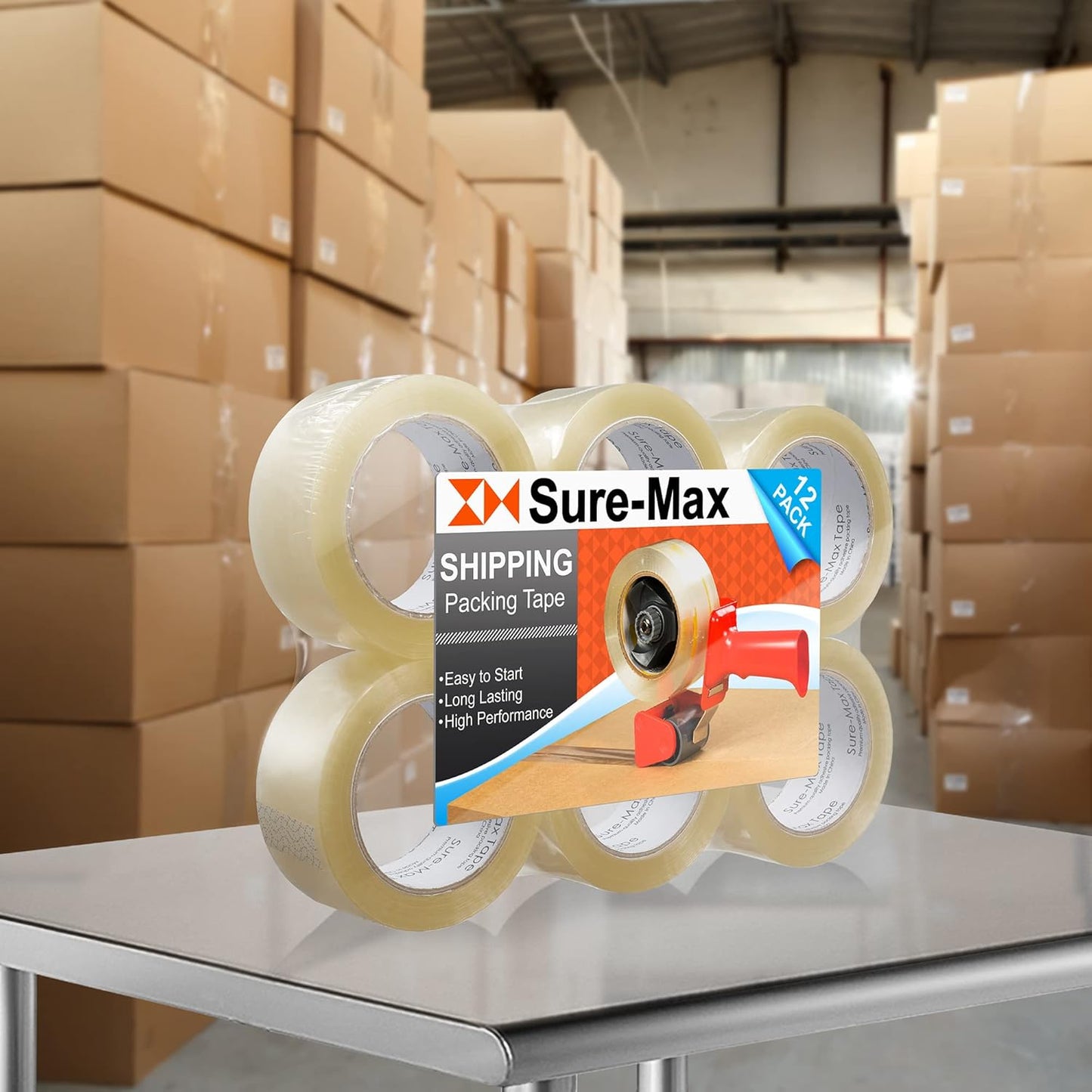 Sure-Max Premium Carton Packing Tape 1.8 mil 330 Feet (110 Yards) - Clear - 12 Rolls