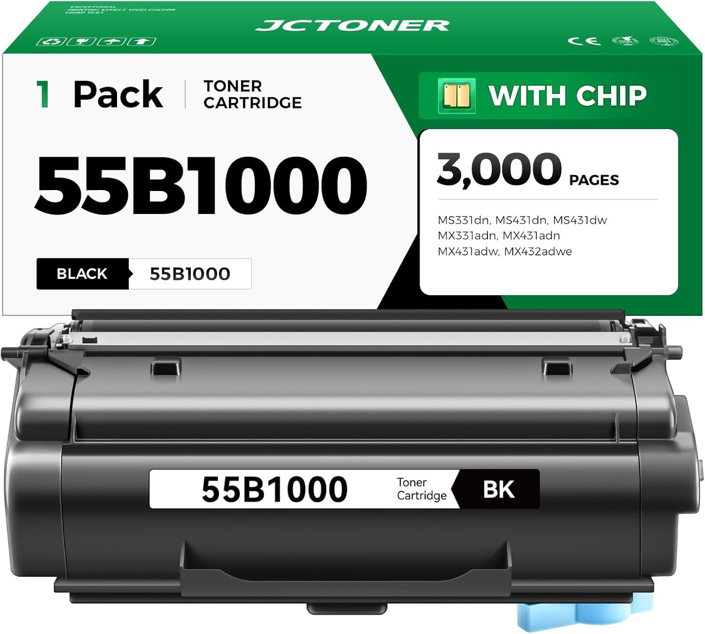 55B1000 Toner Cartridge with Chip Replacement for Lexmark 55B1000 55B1H00 Compatible with Lexmark MS331dn MS431dn MS431dw MX331adn MX431adn MX431adw MX432adwe MS331 MS431 MX331 MX431 Laser Printer Ink