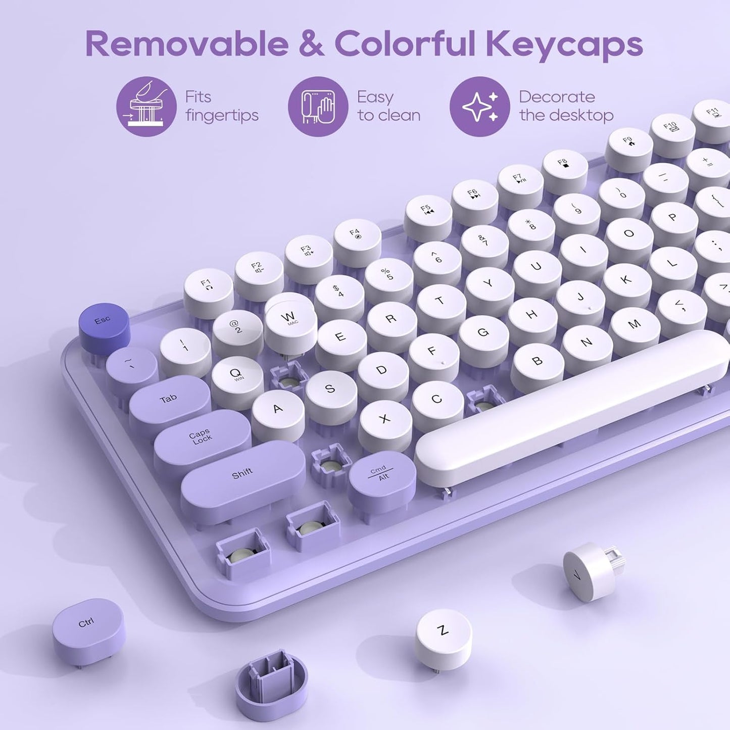 Wireless Keyboard and Mouse Combo, Cute Round Keycaps, Full-Size Retro Typewriter Keyboard with Detachable Wrist Rest, 2.4GHz Cordless Connection for Mac/Windows/PC/Laptop (Purple-Colorful)