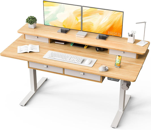 Standing Desk with Fast Charging USB Ports, 63" x 30" Height Adjustable Home Office & Gaming Desk, Sit Stand Desk with Built-in Storage Shelf, Hook & Ergonomic Design(Maple)