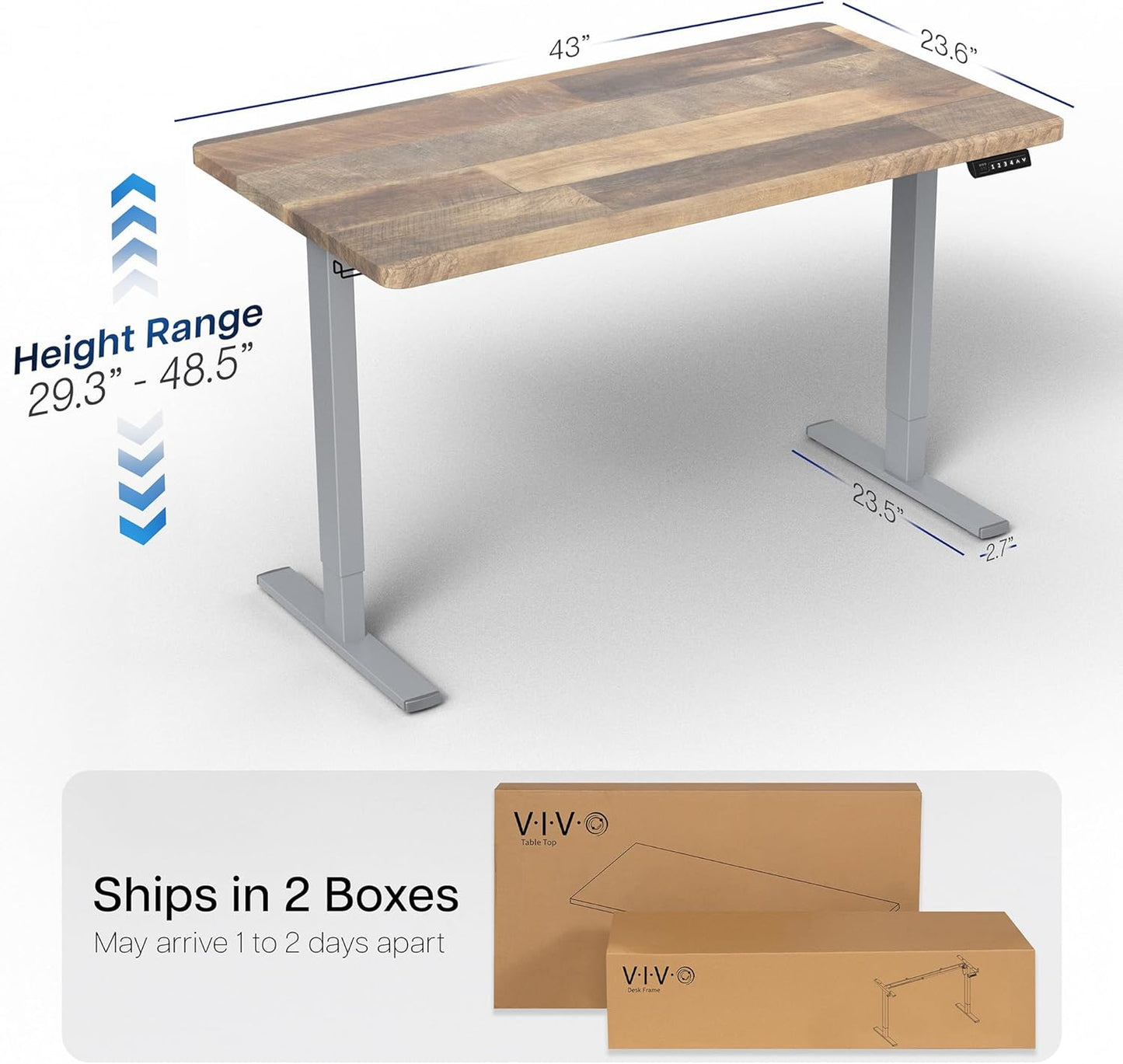 VIVO Electric 43 x 24 in Standing Desk, Memory Height Adjustment, 1B Series, One-Piece Reclaimed Wood Top, Gray Frame, DESK-KIT-1G4P