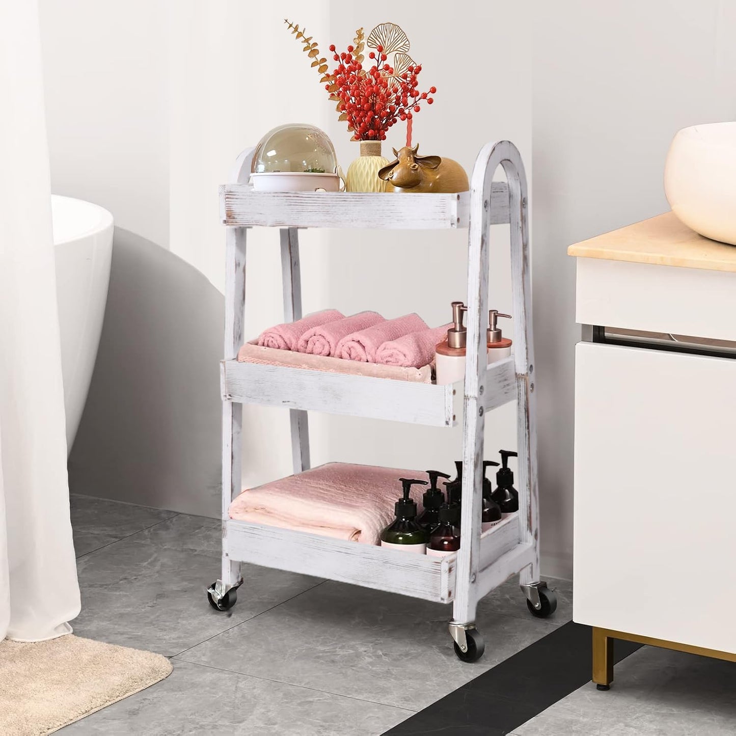 3-Tier Rolling Utility Cart with Lockable Wheels Storage Slim Storage Heavy Duty Cart Mobile Shelving Unit Craft Narrow Organizer for Bathroom Laundry Kitchen (Vintage White)
