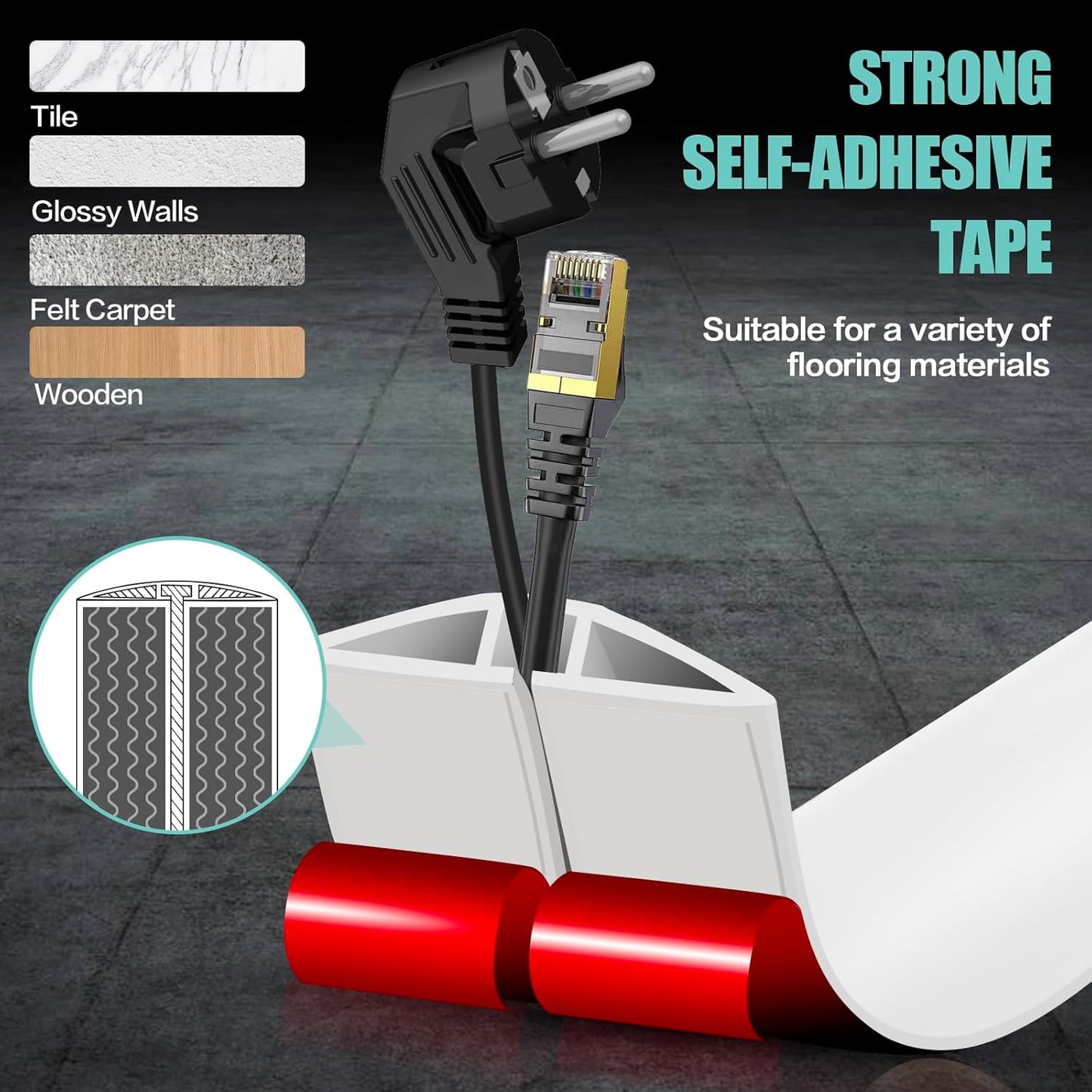 Floor Cord Cover Self Adhesive Cord Hider,10FT Cable Management, Extension Strip Protector for Wires, Prevent Cable Trips for Offices, Gyms, Exhibitions Cavity:0.3"(W) x 0.28"(H) White