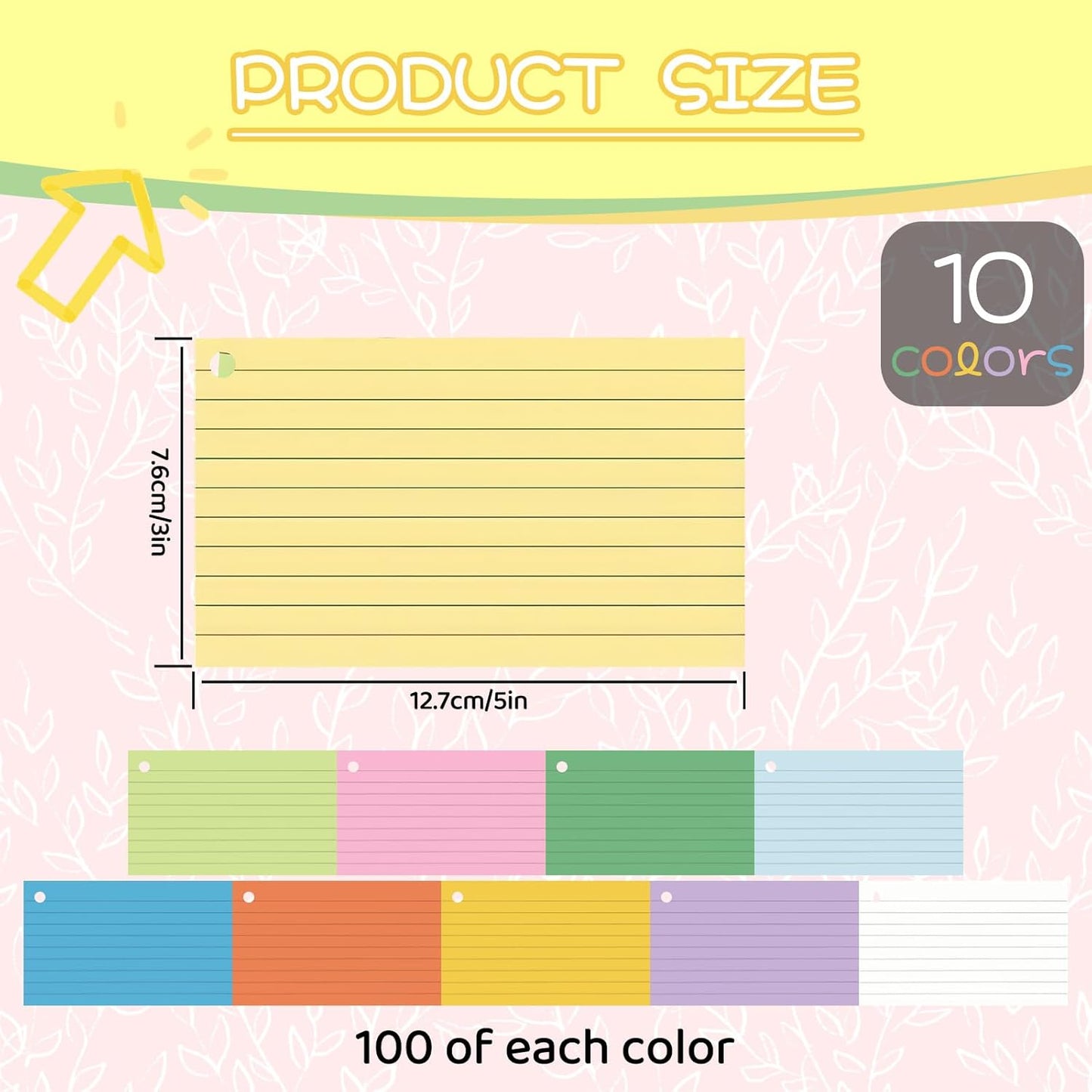 Huakaile 1000 Pieces Colored Index Cards, 3" x 5" Ruled Flash Cards with Ring, Double-Sided Lined Note Cards for School Study College to Do List Office (10 Colors)