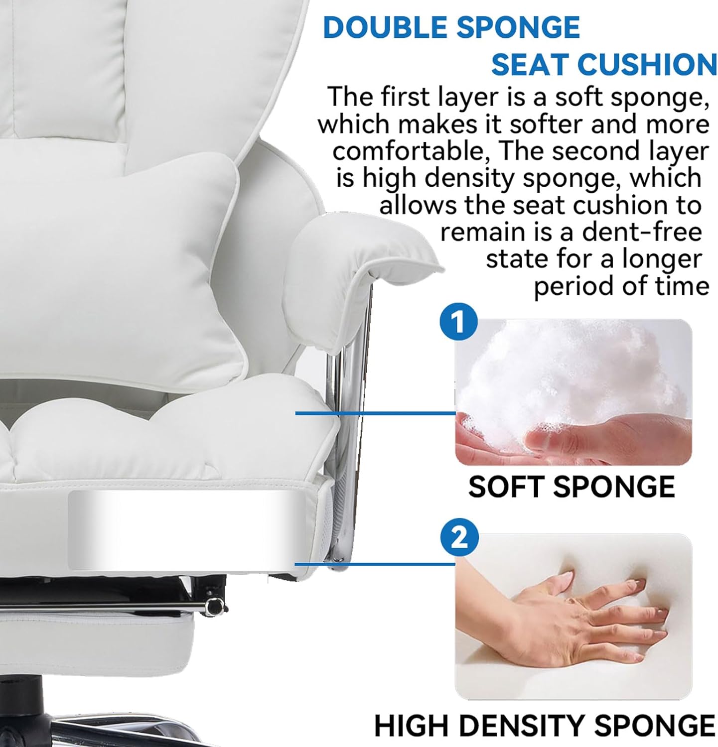 Efomao Big and Tall Office Chair 400lbs – High Back PU Leather Executive Chair with Lumbar Support, Footrest, Swivel Base, Padded Armrests, and Rolling Wheels for Home Office, White Computer Chair