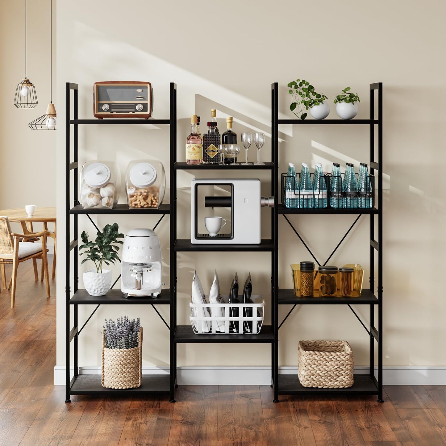 NUMENN Triple Column 4 Tier Bookshelf, Bookcase with 11 Open Display Shelves, Adjustable Rustic Industrial Style Book Shelves, Modern Bookshelves for Bedroom, Living Room and Home Office, Black