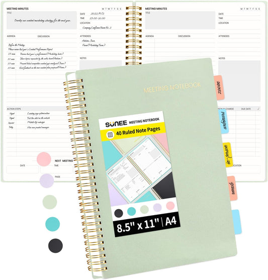 SUNEE Meeting Notebook for Work with Sticky Tabs - 160 Pages, A4 Size Project Planner, Spiral Meeting Agenda/Minutes Notebook Organizer for Women Men, Note Taking, Office&Business,8.5"x11", Sage Green