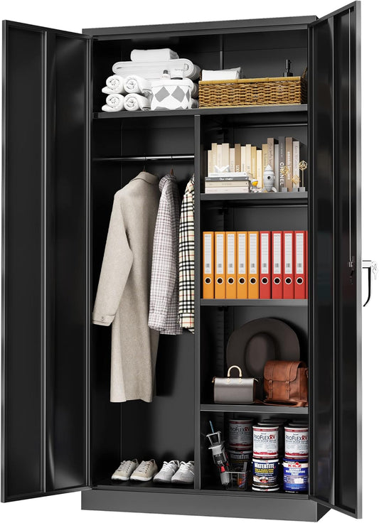 Greenvelly Metal Storage Wardrobe Cabinet with Doors, Black 72” Steel Wardrobe Closet, Employees Locker Closet Clothing Coat Steel Wardrobe Cabinet with Hanging Rod for Home Office Room School
