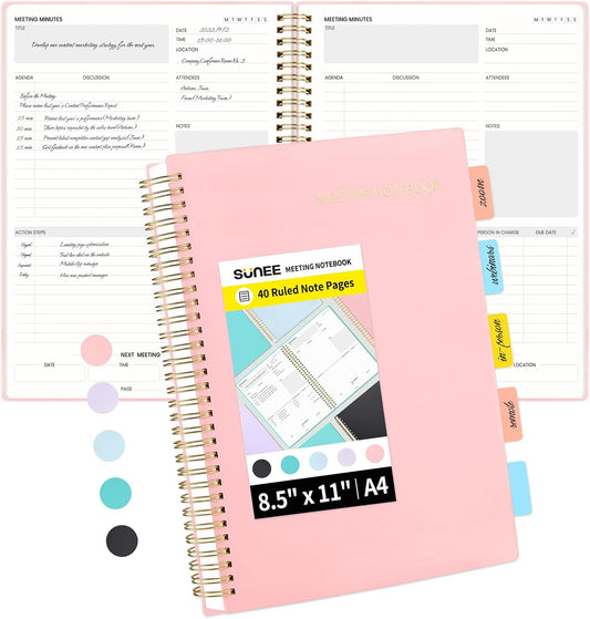 SUNEE Meeting Notebook for Work with Sticky Tabs - 160 Pages, A4 Size Project Planner, Spiral Meeting Agenda/Minutes Notebook Organizer for Women Men, Note Taking, Office & Business, 8.5"x11", Pink