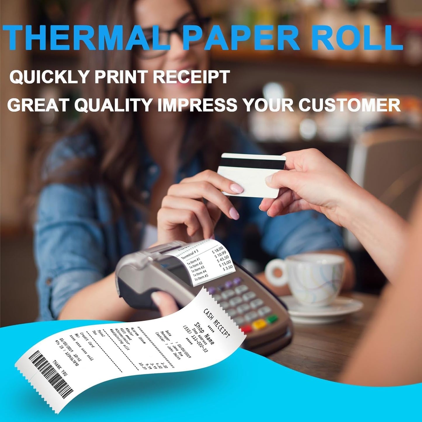 (50 Rolls) 2-1/4" x 50' Thermal Receipt Paper Rolls, BPA Free Thermal Paper Rolls 2.25 x 50 ft Cash Card Machine POS Cash Register Receipt, Thermal Printer Paper Credit Card Terminal, Square Terminal