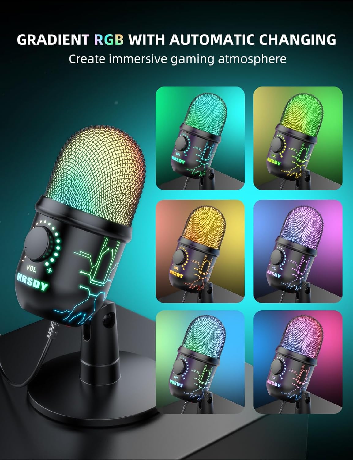 Gaming Microphone, USB Computer Microphone for PC, Mac, PS4/5, Condenser Podcast Mic for Studio Recording, YouTube, Streaming, with Headphone Jack, Led Light, Mute, Gain, Noise Cancellation