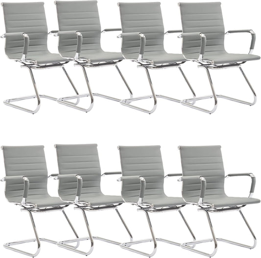 Office Desk Chair Set of 8,No Wheels PU Leather Computer Chairs Mid Back Guest Chairs with Seld Base for School/Reception/Conference/Waiting Room,Grey
