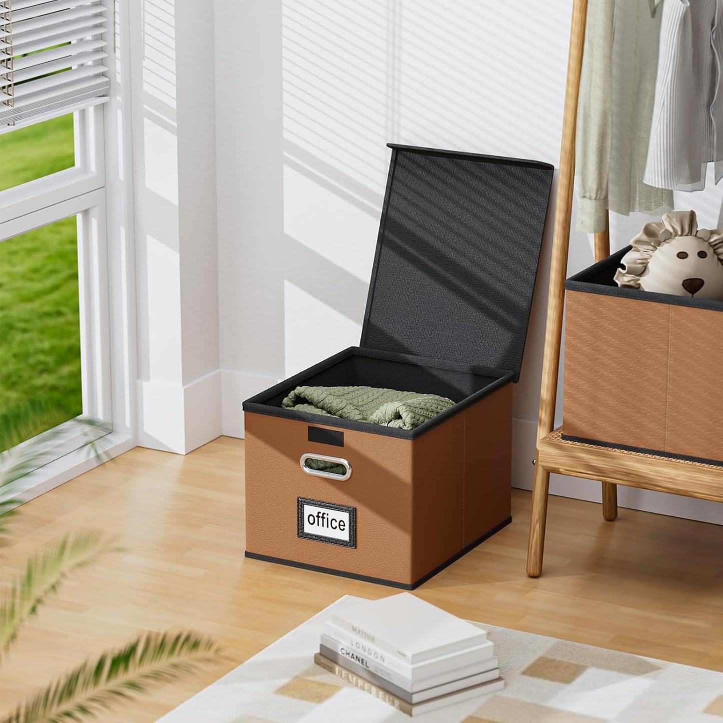 Huolewa Portable Leather File Organizer Boxes with Lids, Office Document Boxes Organizer, Filing Boxes, Decorative Small File Boxes for Hanging Files with Plastic Slide for Office/Decor/Home