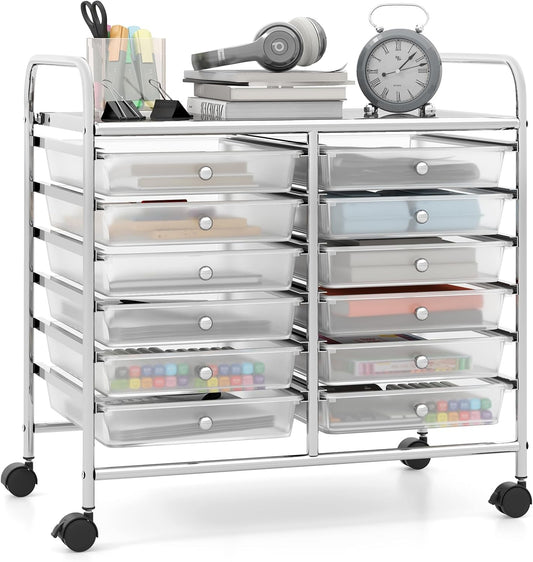 Giantex 12 Drawers Rolling Cart, Mobile Storage Drawer Cart, Classroom Organizer Cart for Office School Supplies Tools Scrapbook Paper Craft Small Printer, Utility Cart on Wheels, Clear