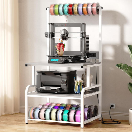 Homieasy Printer Stand with Charging Station, 29.1" x 22.8" Large 3D Printer Table with Filament Storage, Heavy Duty Rolling Printer Cart with 4-Tier Storage for Workshop/Office/Garage, Light Grey