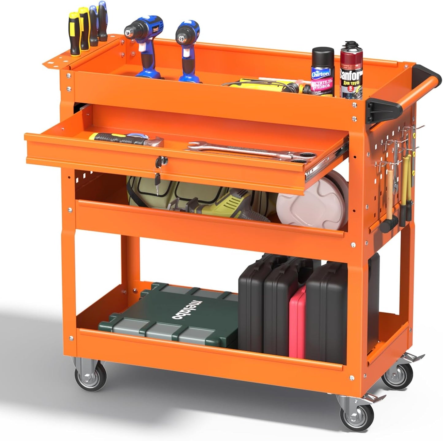 3 Tray Tool Cart with Drawers, 400 LBS Capacity Rolling Tool Carts on Wheels, Heavy Duty Utility Cart with Pegboard, Mechanic Tool Storage Cart for Garage, Warehouse and Repair Shop, Orange
