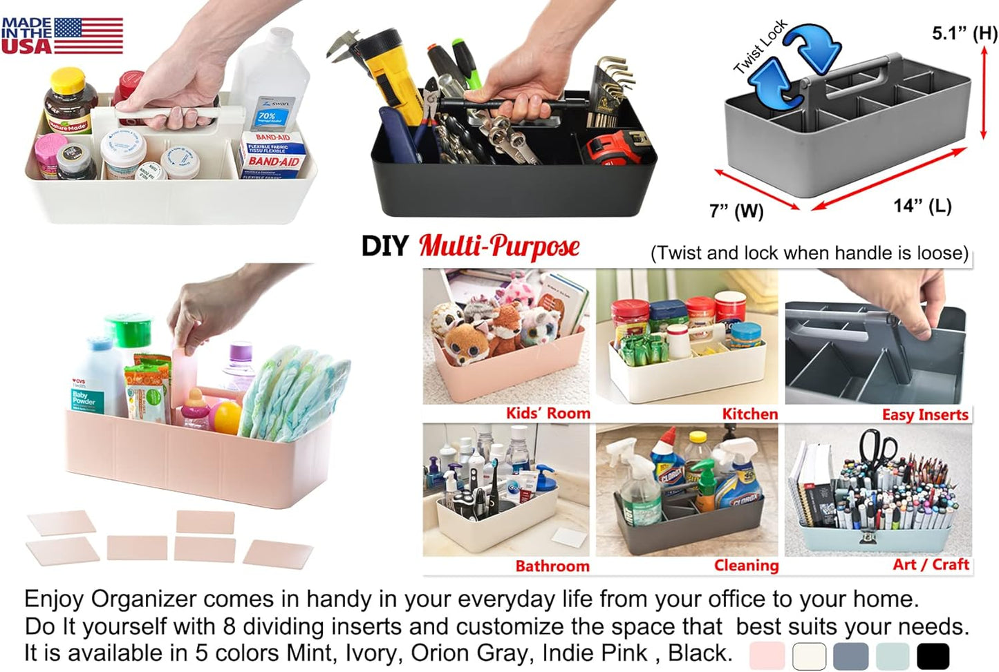 -Large Portable Caddy, DIY Dividers, 8 Compartments, School Home Business Organizer,Portable Basket with Handle Storage Organizer Modern Made in USA (4 PACK, Indie Pink)