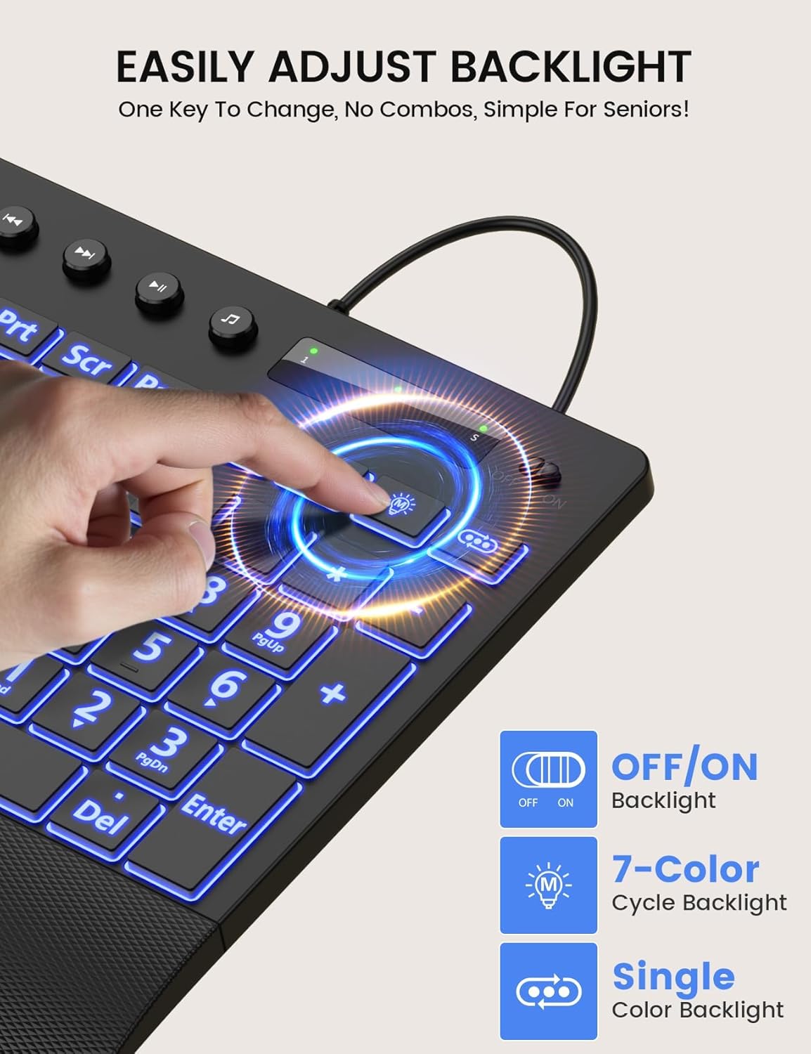 SABLUTE Large Print Backlit Keyboard, USB Wired Computer Keyboard with Backlight Memory Function, Wrist Palm, 7-Color Lighted Office Home Keyboards,Light Up Keyboard for Windows Desktop, Laptop, PC