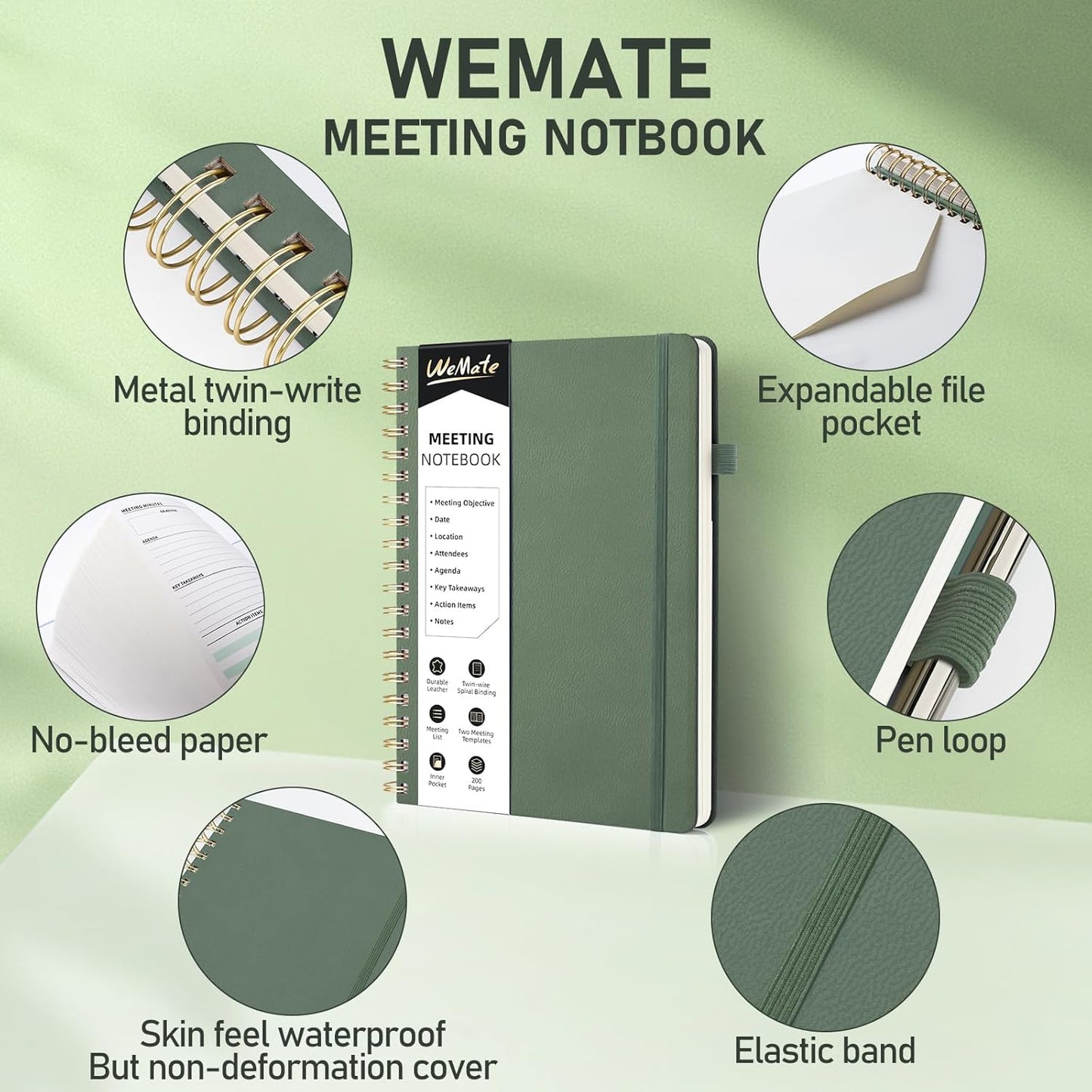 WEMATE Meeting Notebook for Work B5 (7"x10") - PU Leather Work Notebook with Agenda, Action Items & Notes - 200 Pages for Men&Women, Staff and Students, Meeting, Projects Planning - Olive Green
