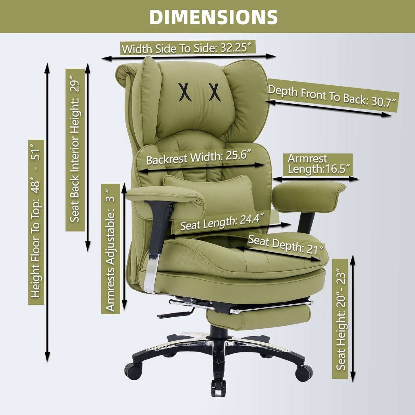 Efomao Big and Tall Office Chair with Footrest – High Back Computer Chair with Adjustable Armrests，Executive Office Chair with Wide Seat, Modern Desk Chair for Home Office, Gaming, or Study, Green