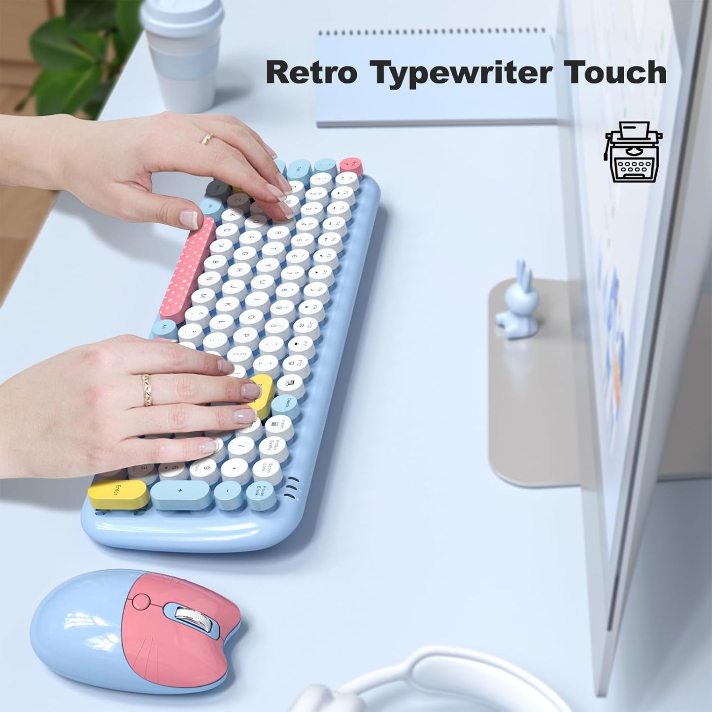 Wireless Keyboard and Mouse Combo, Typewriter Retro Keyboards with Cute Cat Shaped Wireless Mouse, 2.4 GHz USB Receiver Plug and Play for Windows, PC, Laptop, Desktop (Blue Colorful)