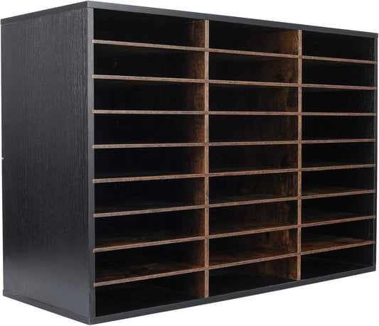 TQVAI Wood Adjustable Literature Organizer Desktop File Sorter Mail Center Paper Storage Cabinet Home & Office Mailbox School Classroom Keepers, 27 Slots Compartments, Black/Archaize
