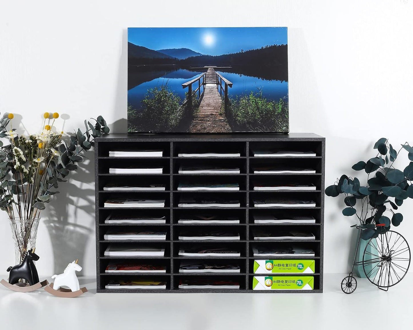 PAG Mail Sorter Organizer, Wood Literature Organizer, Student Mailbox for Classroom, Desktop Bill Paper Organizer for Office Home School, 27 Compartments, Dark Gray