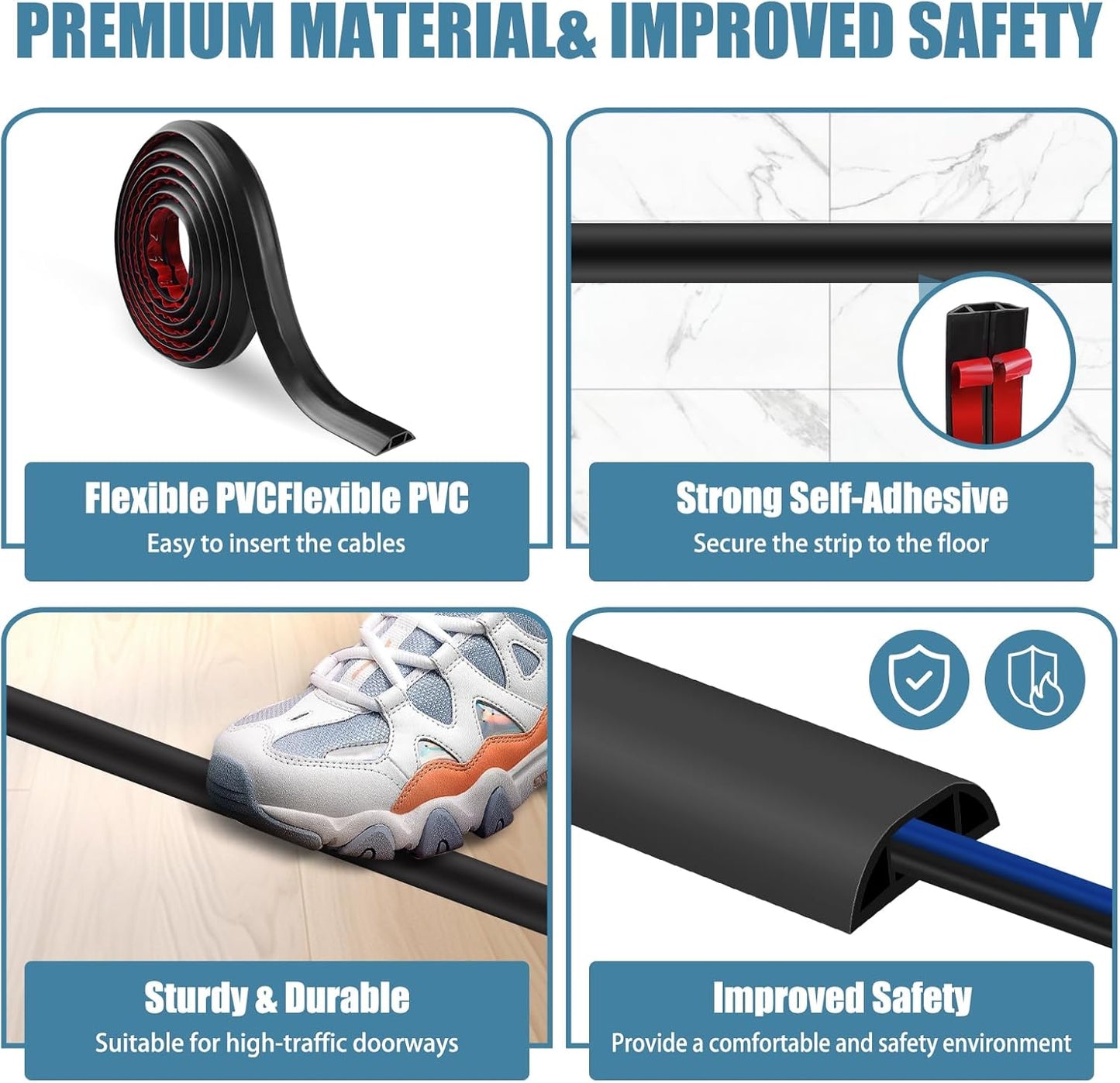 Floor Cord Covers for Wires 12FT Cable Hider Wire Cover Self Adhesive Cord Hider Floor for Offices, Homes, Workshops, Warehouses Cable Cavity 0.39" W x 0.27" H