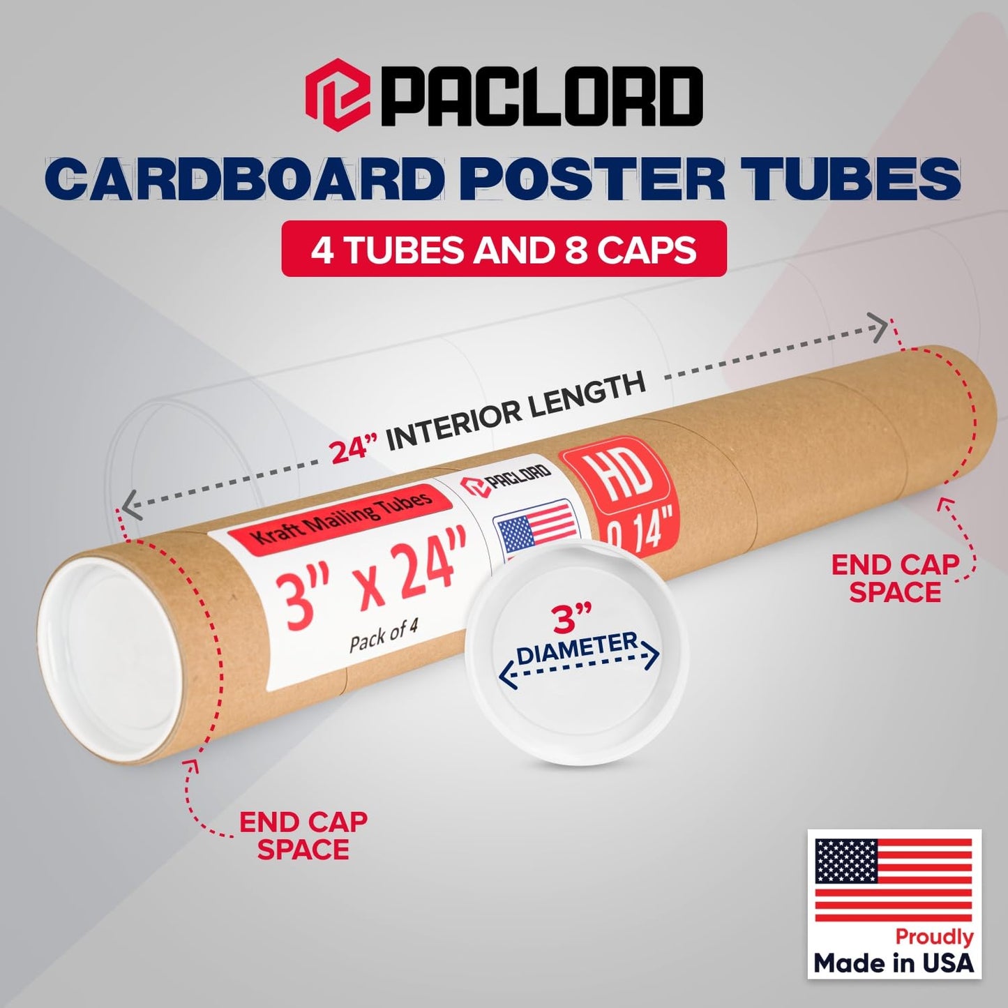3" x 24" Heavy-Duty Reinforced Cardboard Mailing Tube, Pack of 4 Tubes with 8 Caps – Secure USPS Approved – Great for Shipping and Storing of Prints, Artwork, Posters or Documents