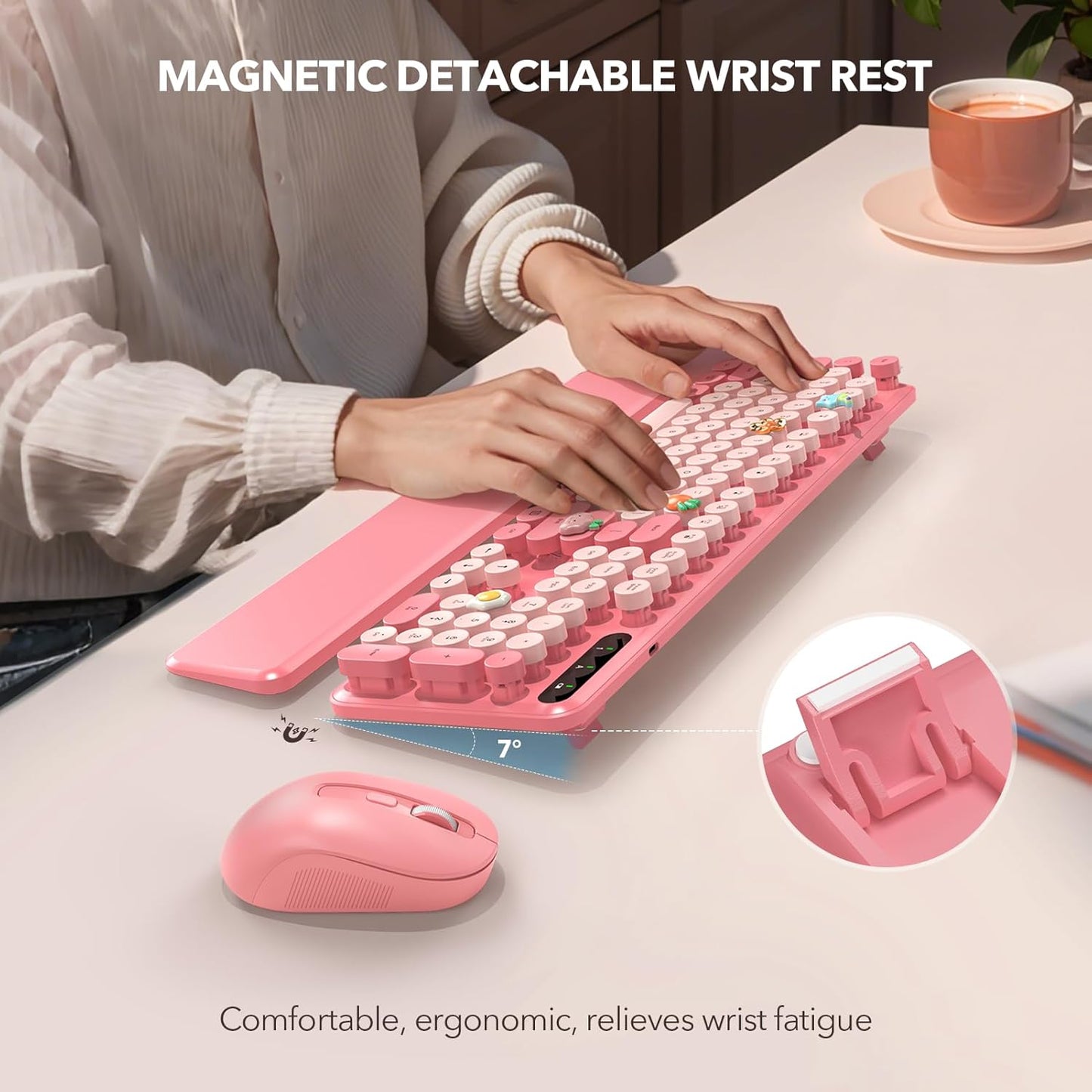 Wireless Keyboard and Mouse Combo - Retro Keyboard with Round Keycaps, Full-Size Typewriter Keyboard with Detachable Wrist Rest, 2.4GHz Connection for Mac/Windows/PC (Baby Pink)