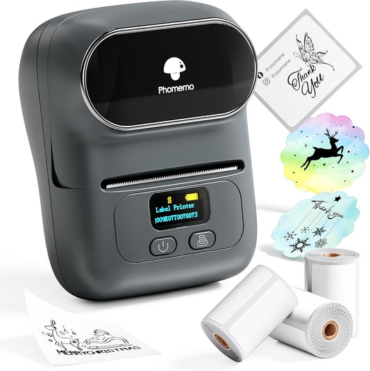 Phomemo M110 Label Makers- with 3 Rolls Labels, Barcode Label Printer Thermal Bluetooth Portable Printer for Small Business, Address, Logo, Clothing, Mailing, Sticker Printers for Phone & PC, Gray