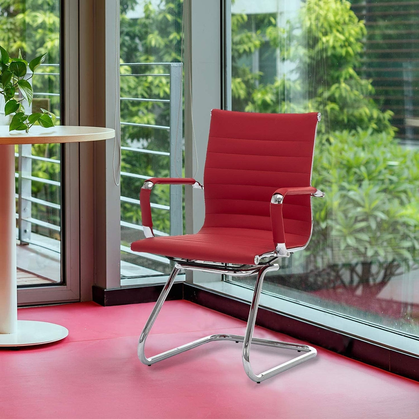 Office Desk Chair No Wheels Set of 6 PU Leather Computer Chairs Mid Back Guest Chairs for School Reception Conference Waiting Room, Deep Red